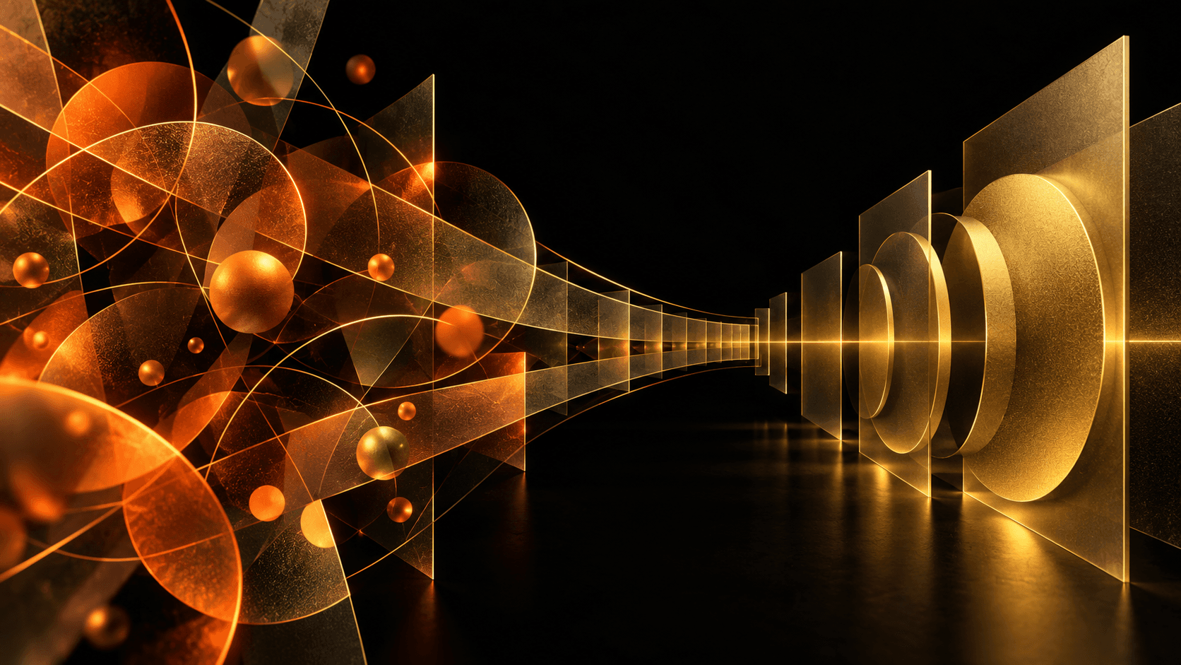 Abstract orange and gold shapes converging through a dark geometric tunnel