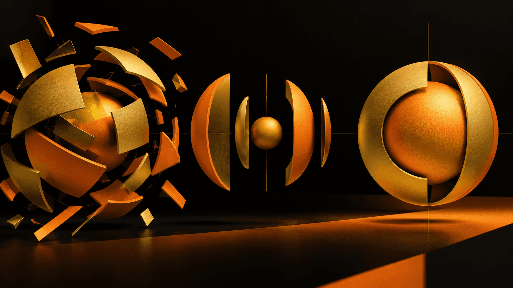 Abstract orange and gold forms transforming from fragments into a unified sphere